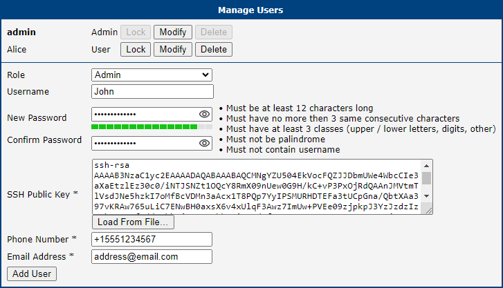 Adding a new user on the Manage Users configuration page