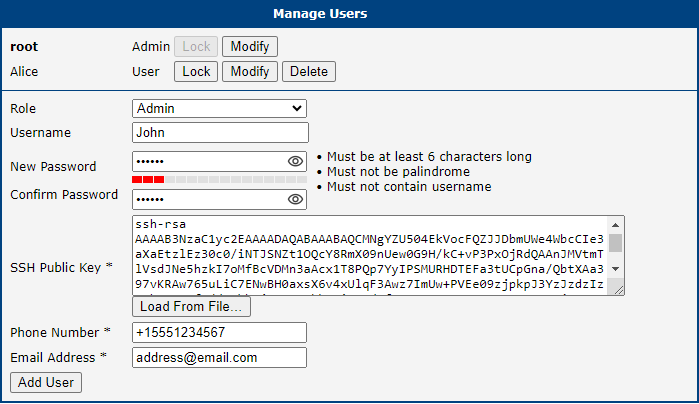 Adding a new user on the Manage Users configuration page