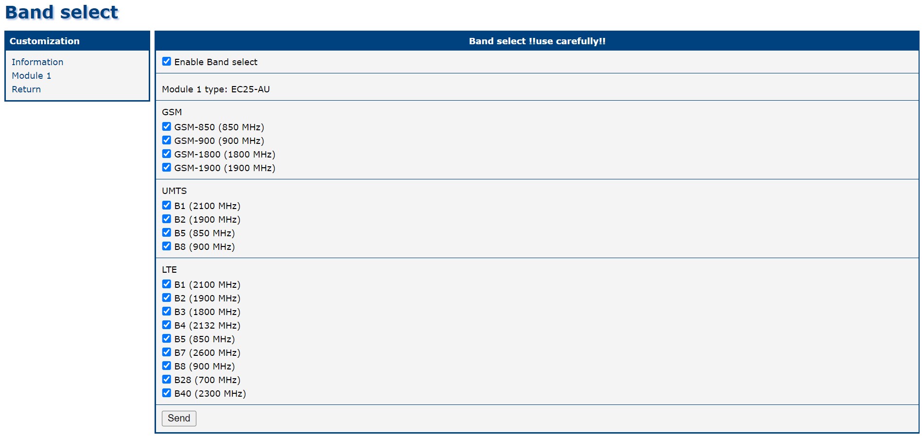Configuration form for module EC25AUX