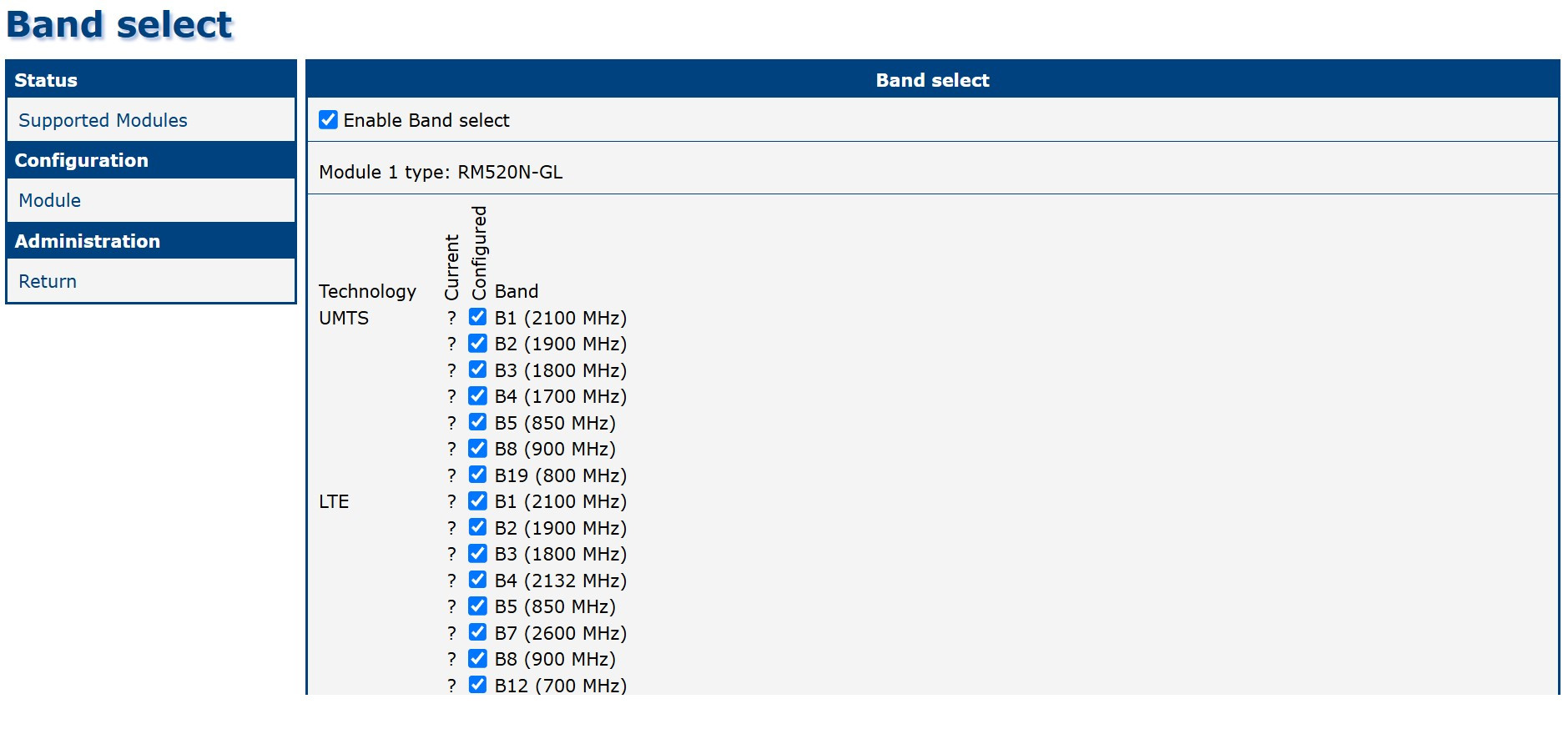 Configuration form for module RM520N-GL