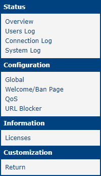Web Interface Main Menu