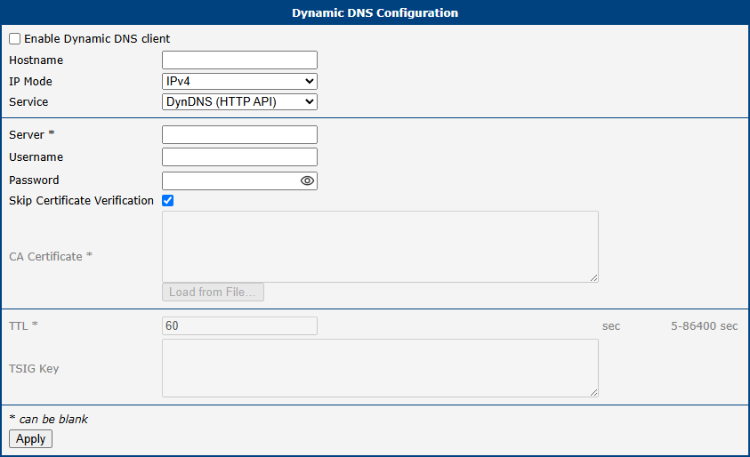Dynamic DNS Configuration Page