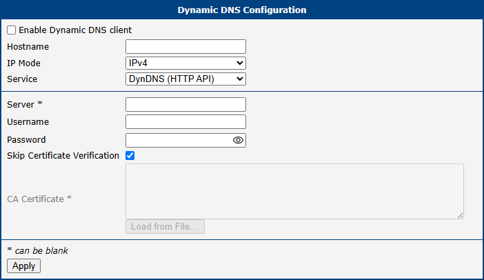 Dynamic DNS Configuration Page