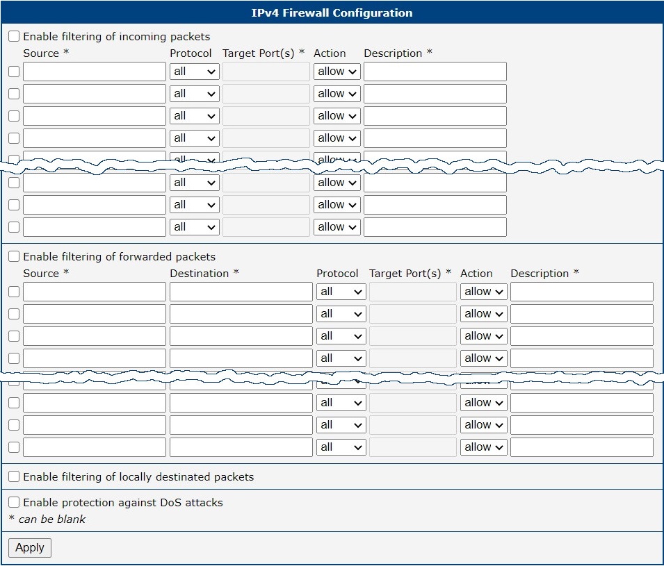 IPv4 Firewall Configuration Page