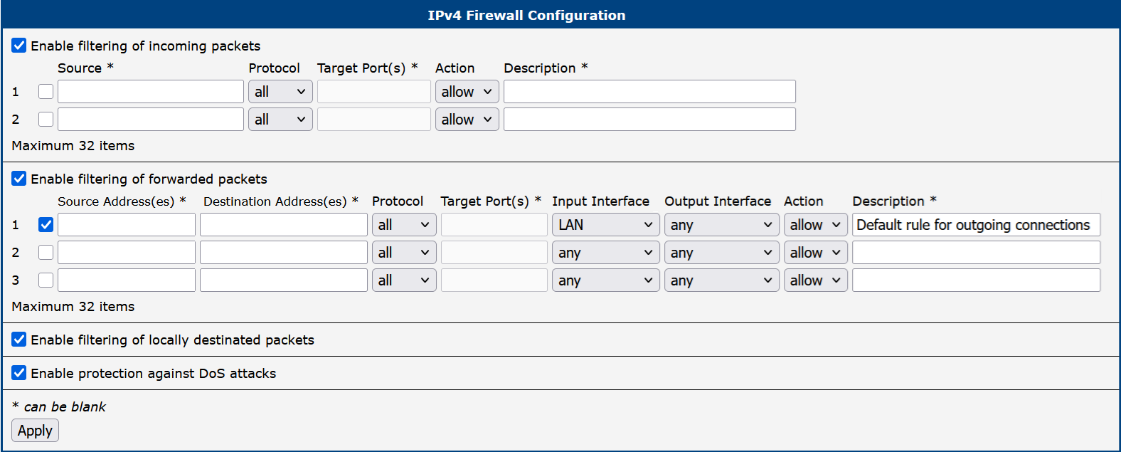 IPv4 Firewall Configuration Page