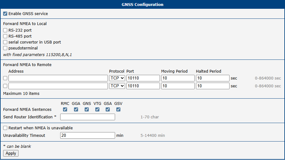 GNSS configuration page