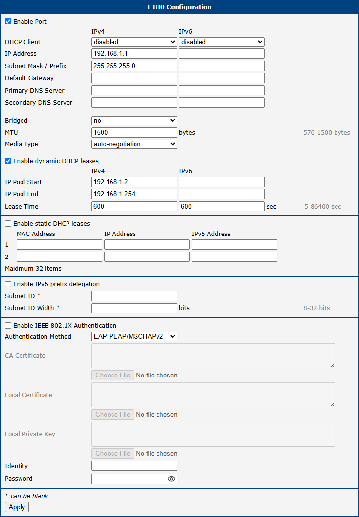 LAN Configuration Page