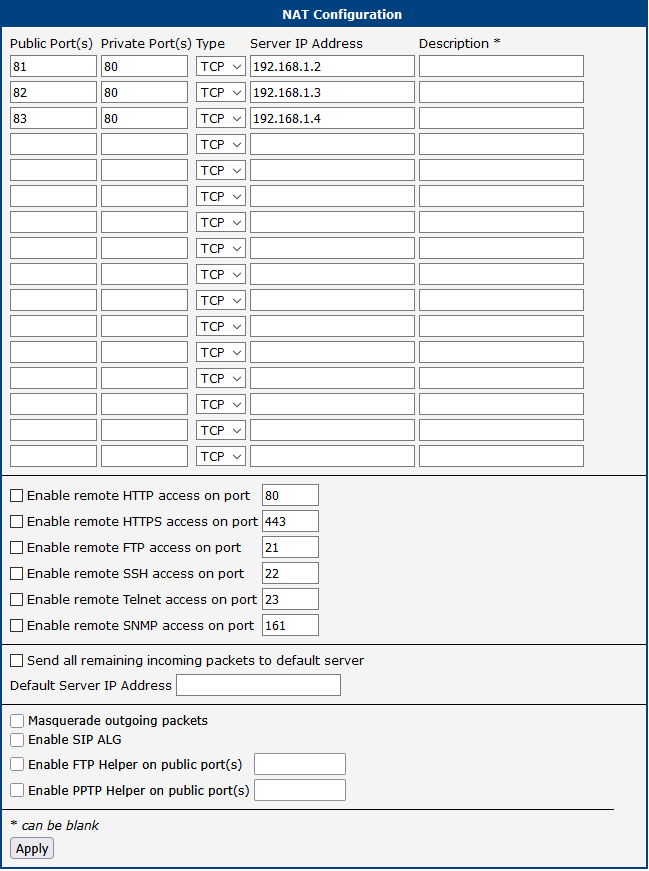 NAT IPv4 Configuration Page