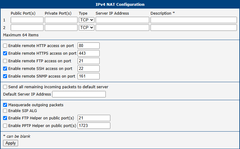 NAT IPv4 Configuration Page