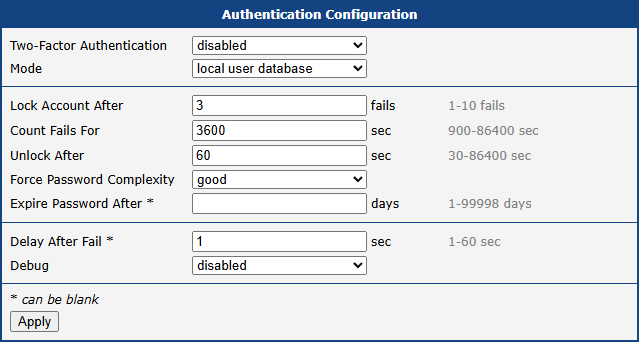 Authentication Configuration Interface