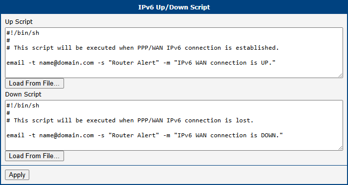 IPv6 Up/Down Script Configuration Page