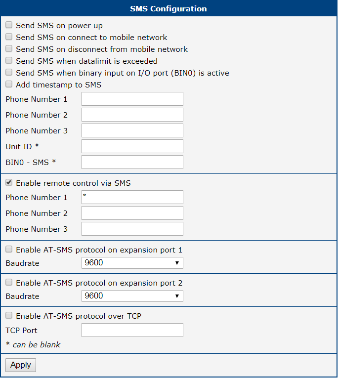 SMS Configuration Page