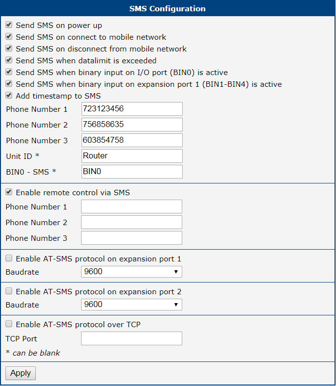 SMS Configuration for Example 1