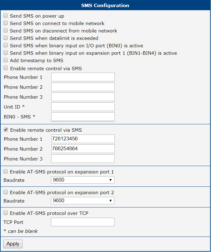 SMS Configuration for Example 4