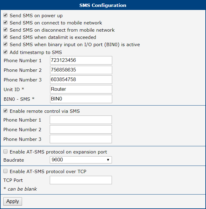 SMS Configuration for Example 1