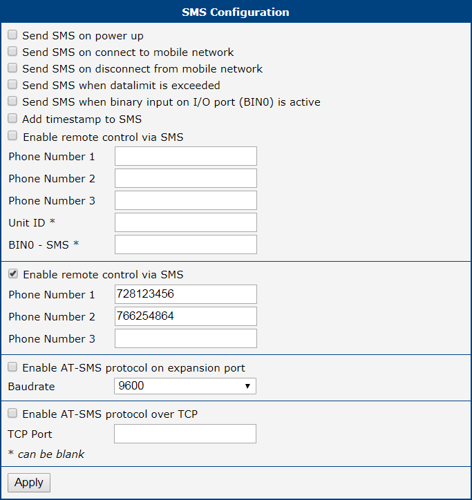 SMS Configuration for Example 4