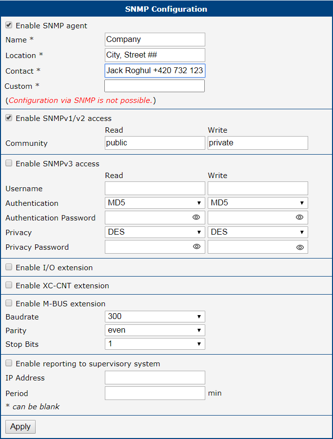 SNMP Configuration Page