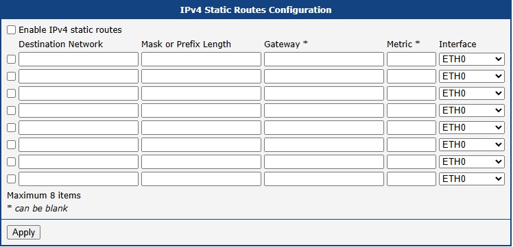 Static Routes Configuration Page