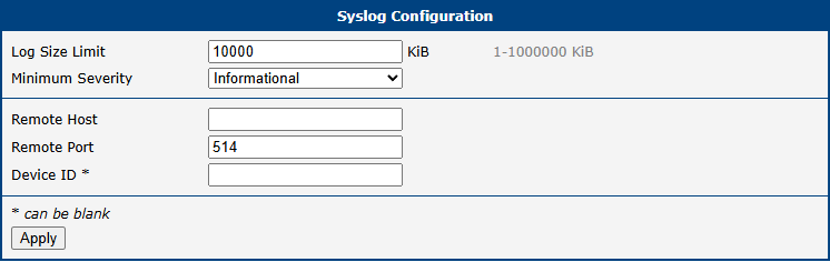 Syslog Configuration Page