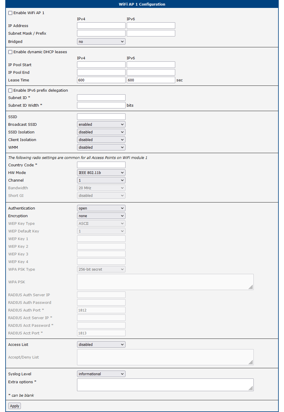 WiFi Access Point Configuration Page