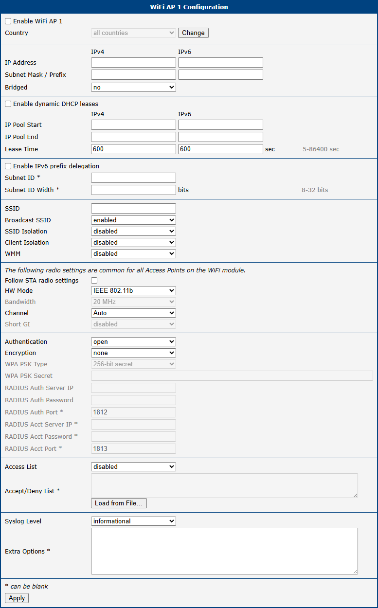 WiFi Access Point Configuration Page