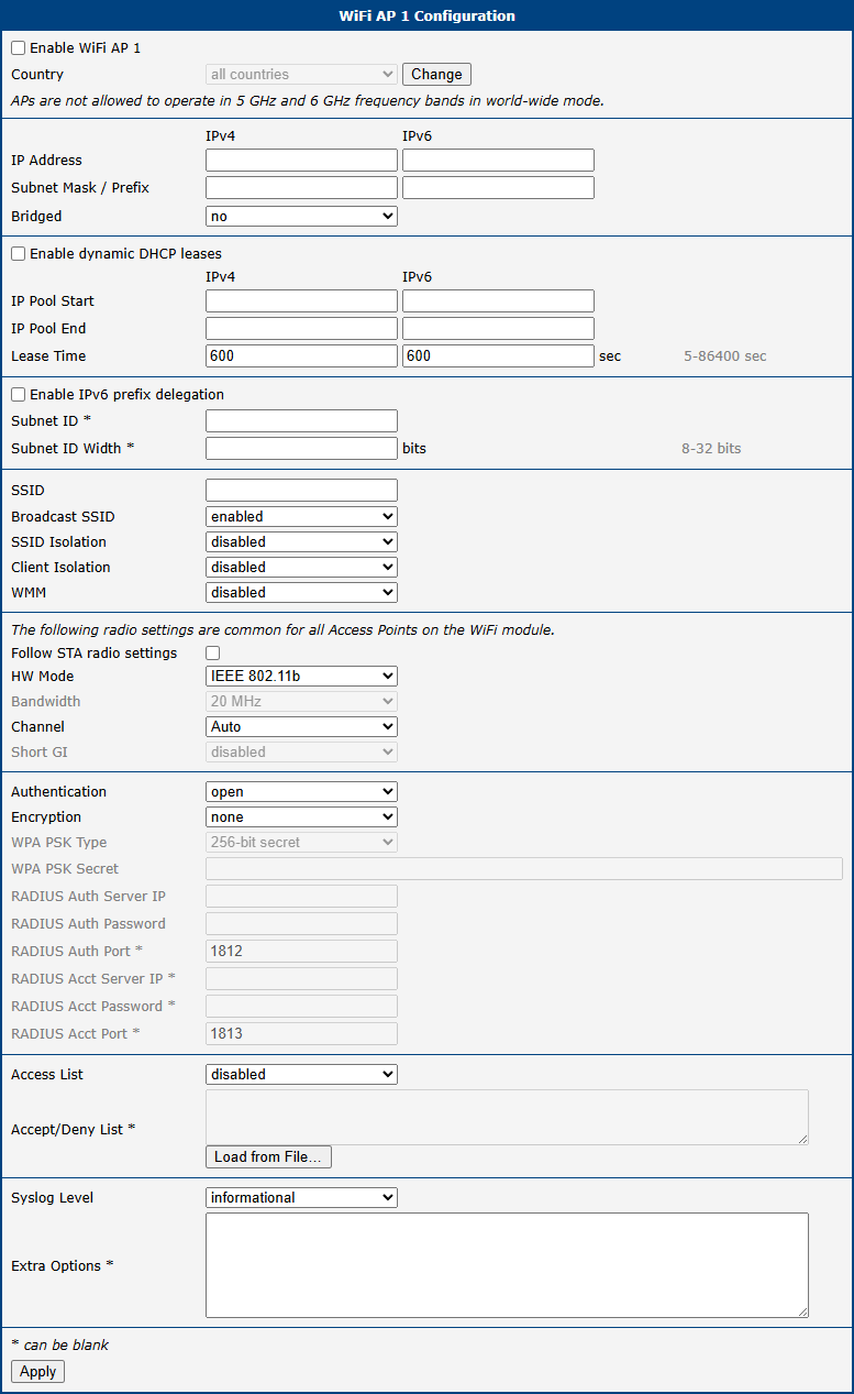 WiFi Access Point Configuration Page