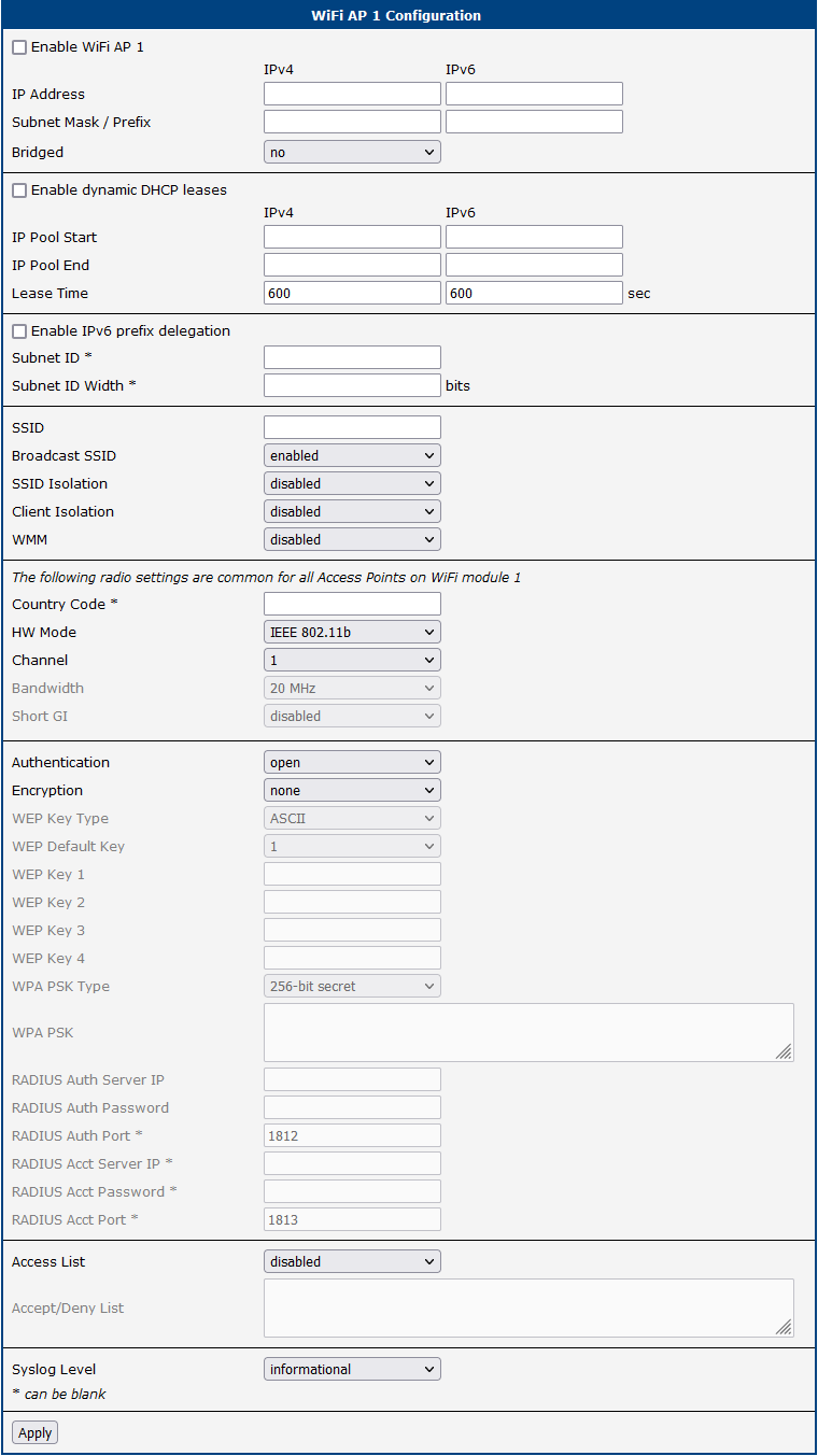 WiFi Access Point Configuration Page