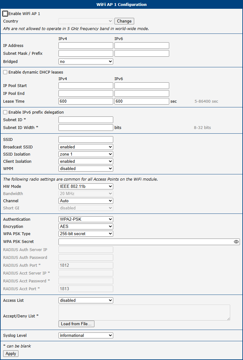 WiFi Access Point Configuration Page