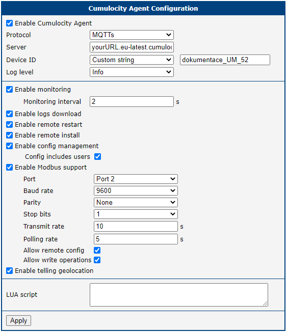 Configuration of Cumulocity Agent router app