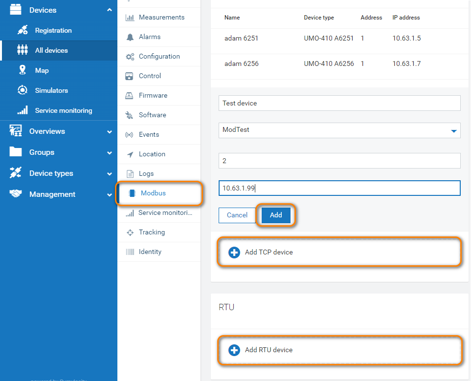Modbus menu