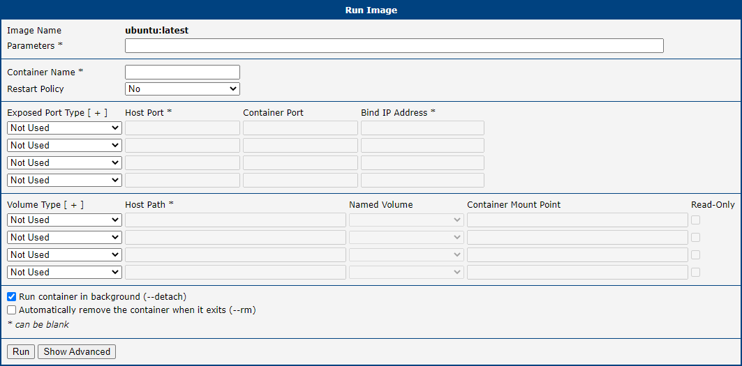 Run Image — Basic Options