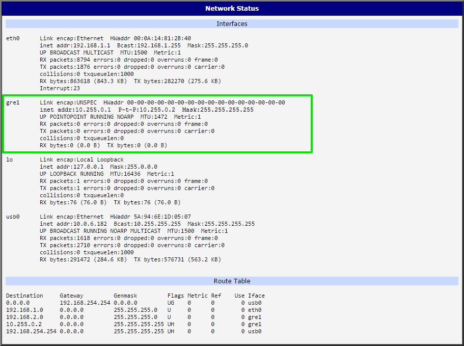 Network Status — network interface gre1
