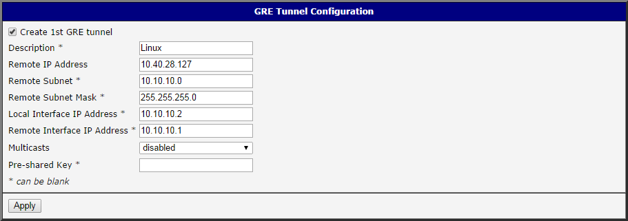 GRE tunnel configuration in the Advantech router