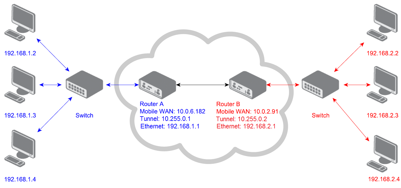 Topology of the Advantech to Advantech router configuration example
