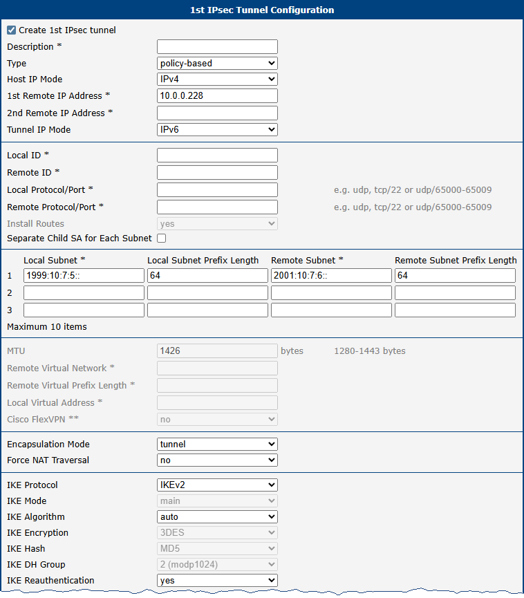 Initiator configuration of the IPv6 over IPv4 IPsec tunnel