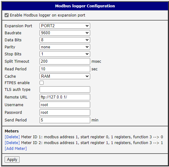 Modbus logger configuration