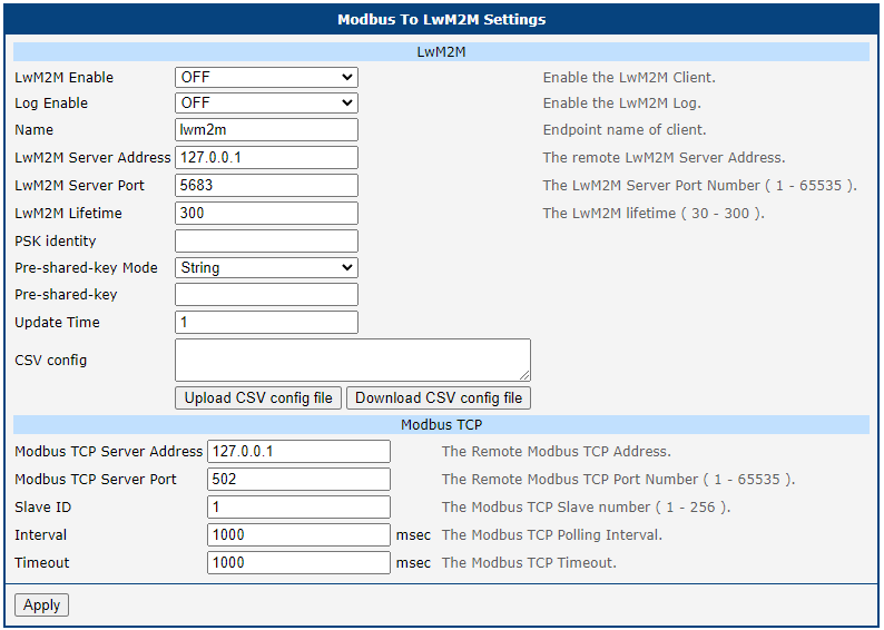 LwM2M and Modbus TCP Configuration Page
