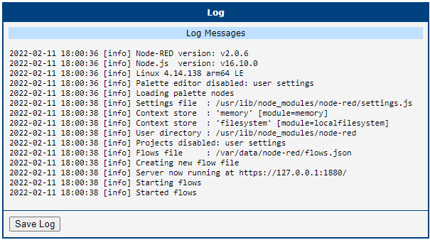 Node-RED Status: Version information and Log