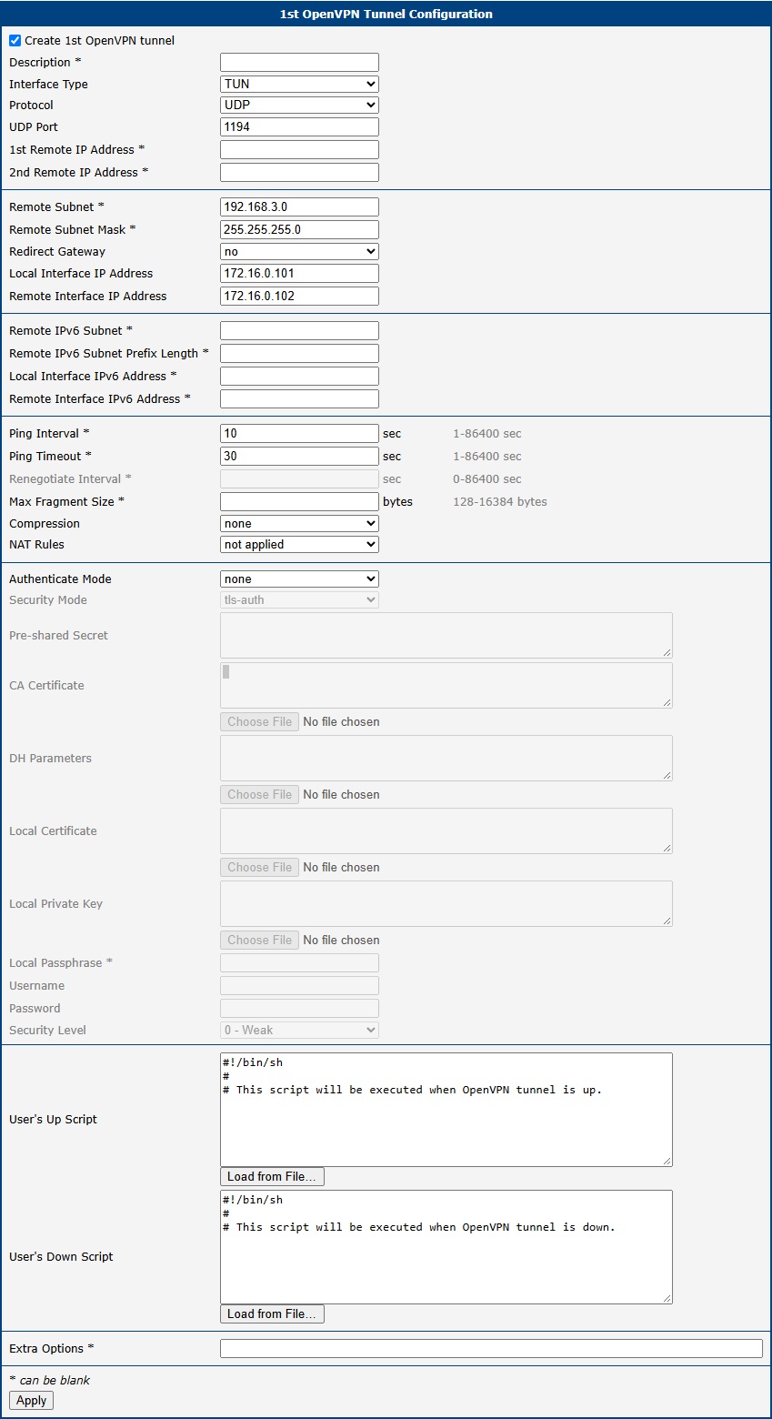 Configuration of the first router – SERVER (no authentication)