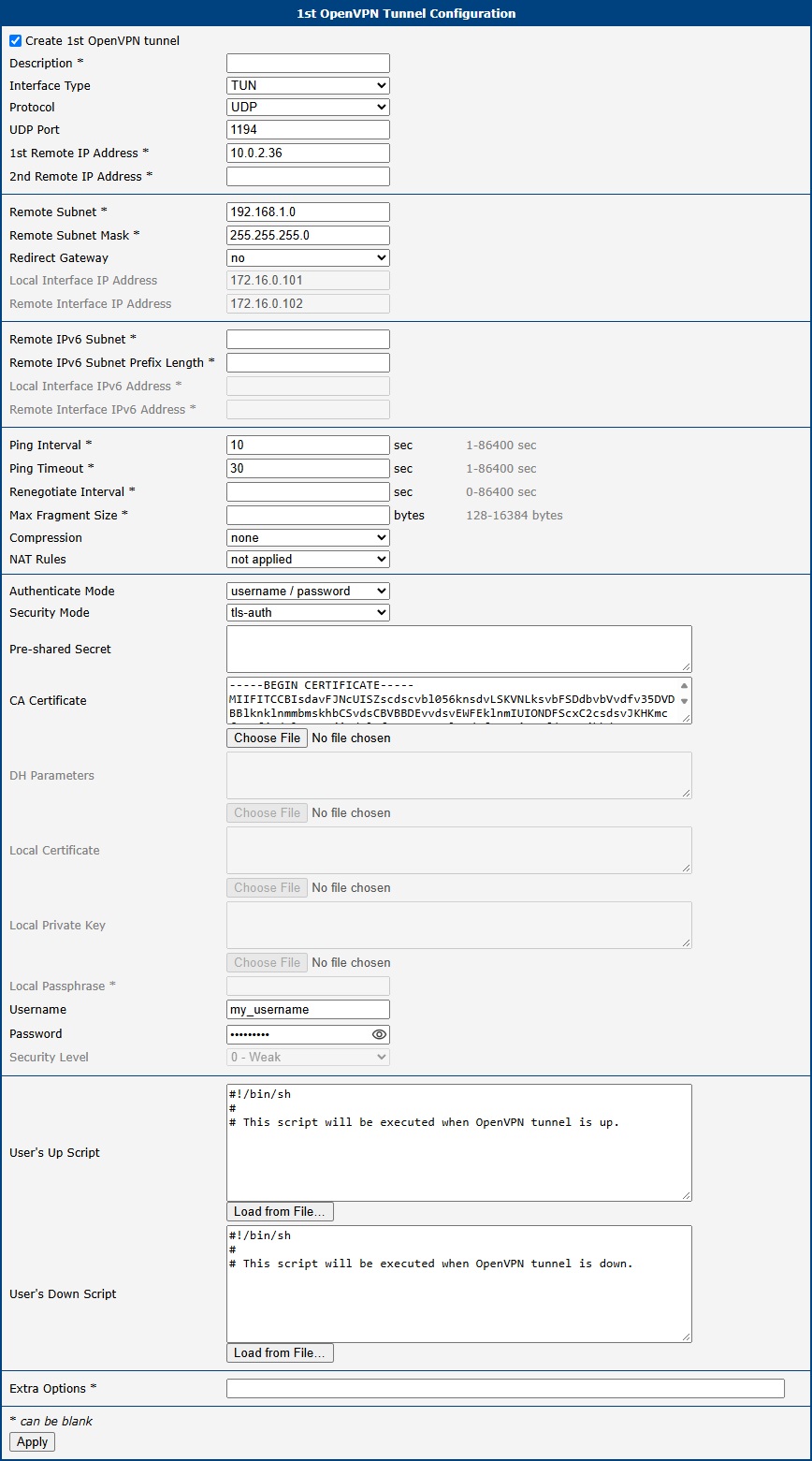 Configuration of the router – CLIENT (username/password)