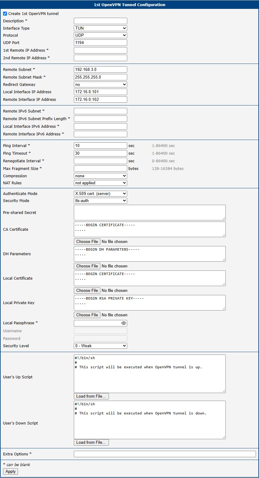 Configuration of the first router – SERVER (X.509 certificate)