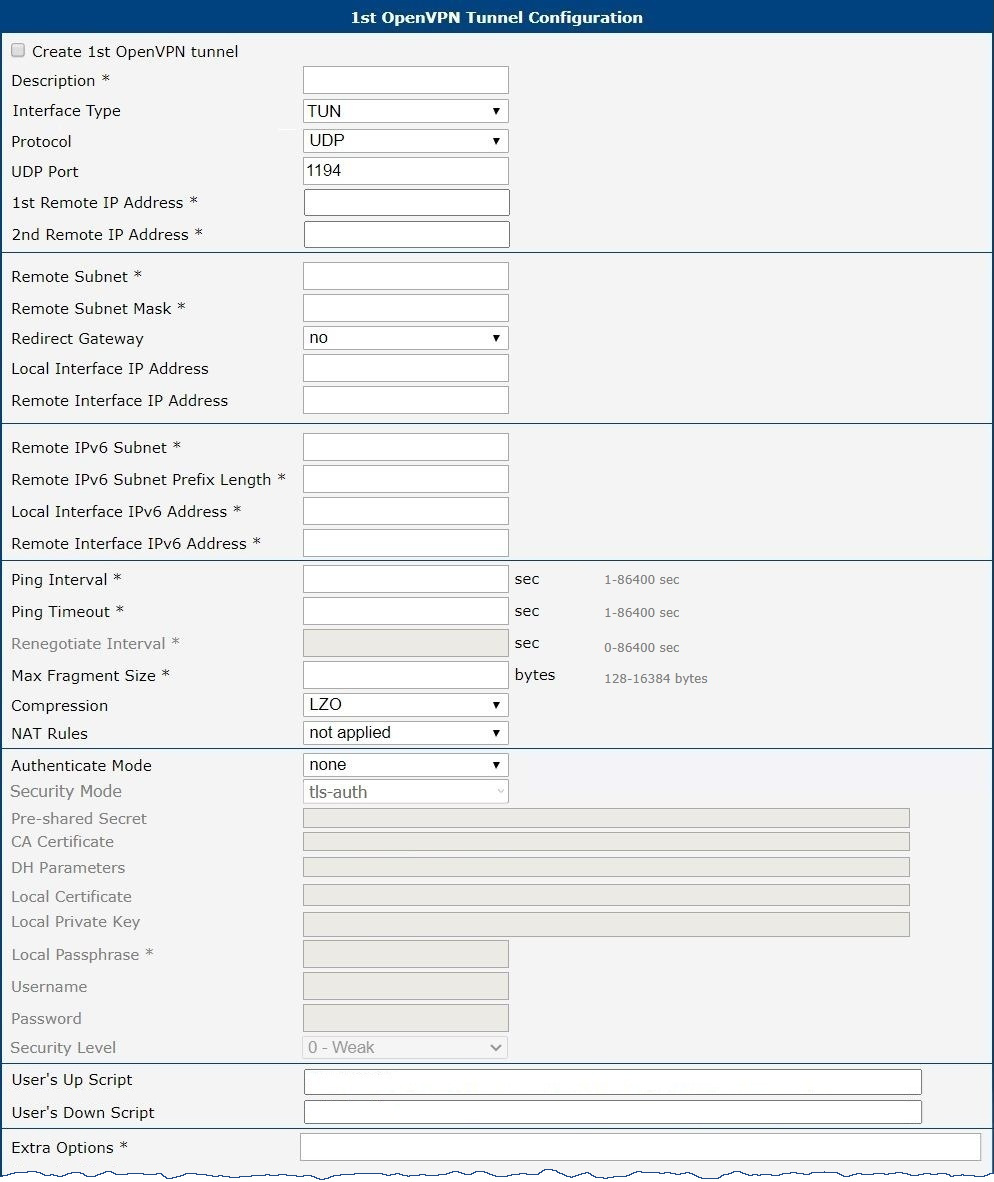 Configuration form for OpenVPN tunnel