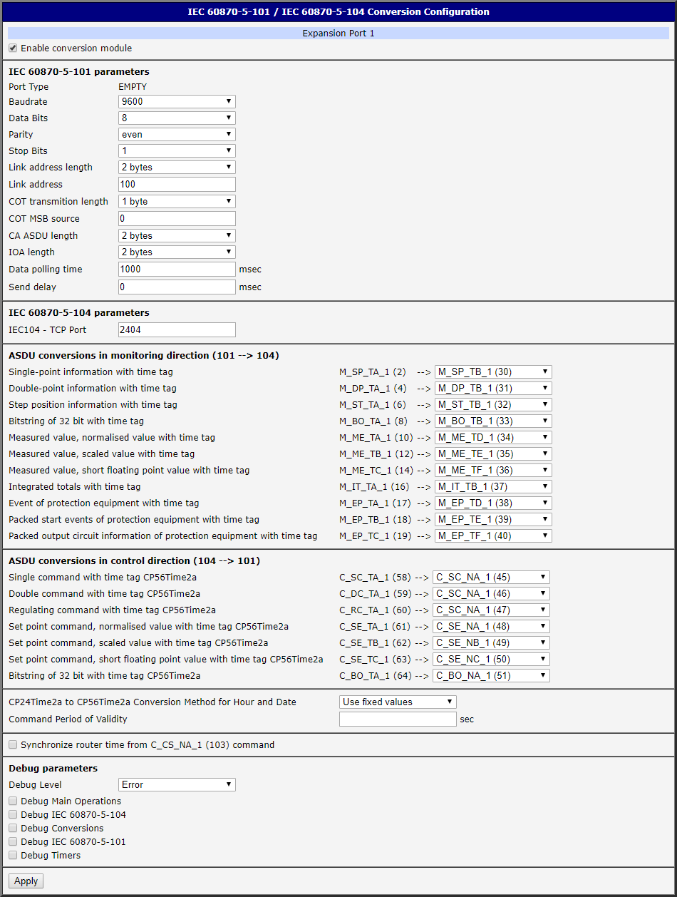 Serial port and conversion configuration