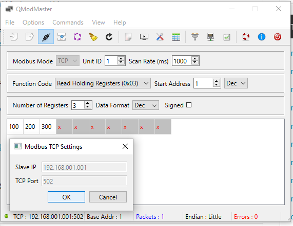 QModMaster — TCP Modbus requests