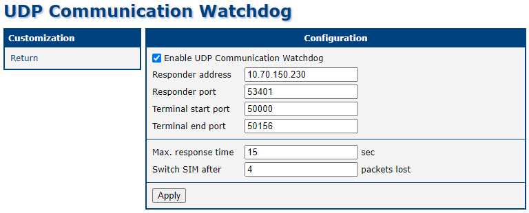 UDP Communication Watchdog router app