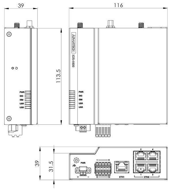Front, top and side view for basic set
