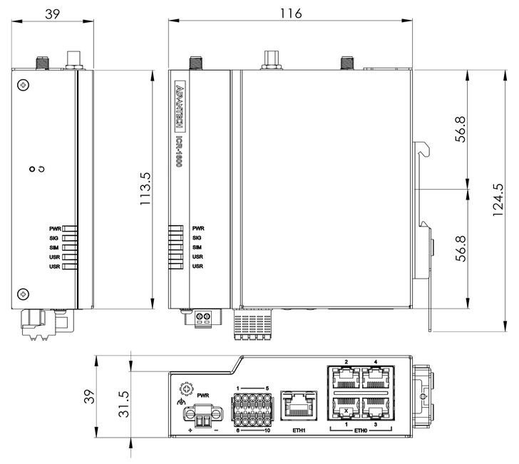Front, top and side view with DIN holder