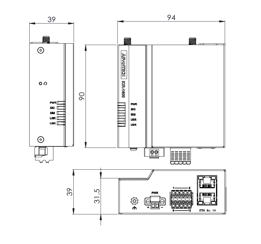 Front, top and side view for basic set