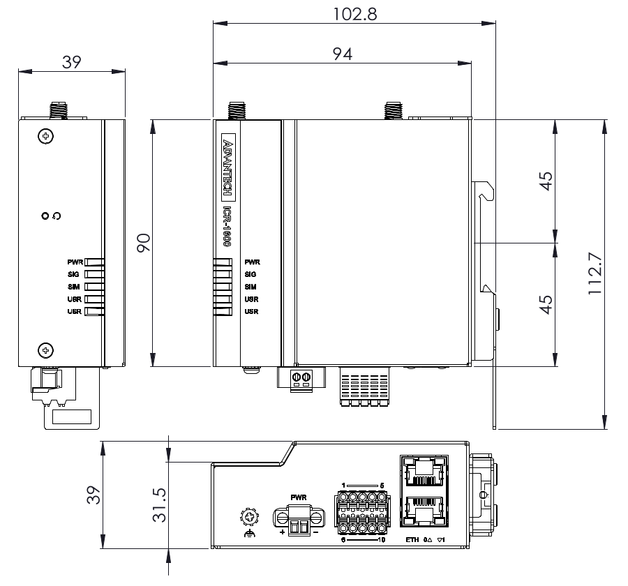 Front, top and side view with DIN holder