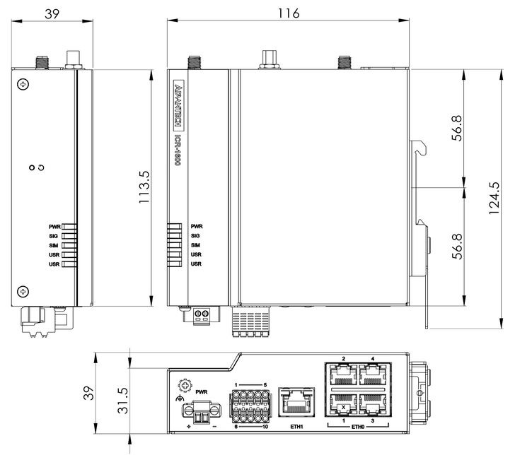 Front, top and side view with DIN holder